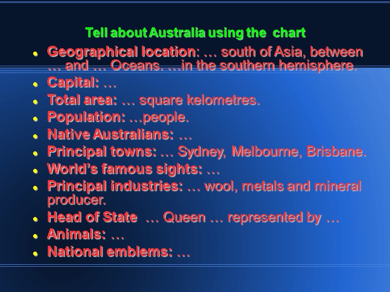 Tell about Australia using the  chart Geographical location: … south of Asia, between